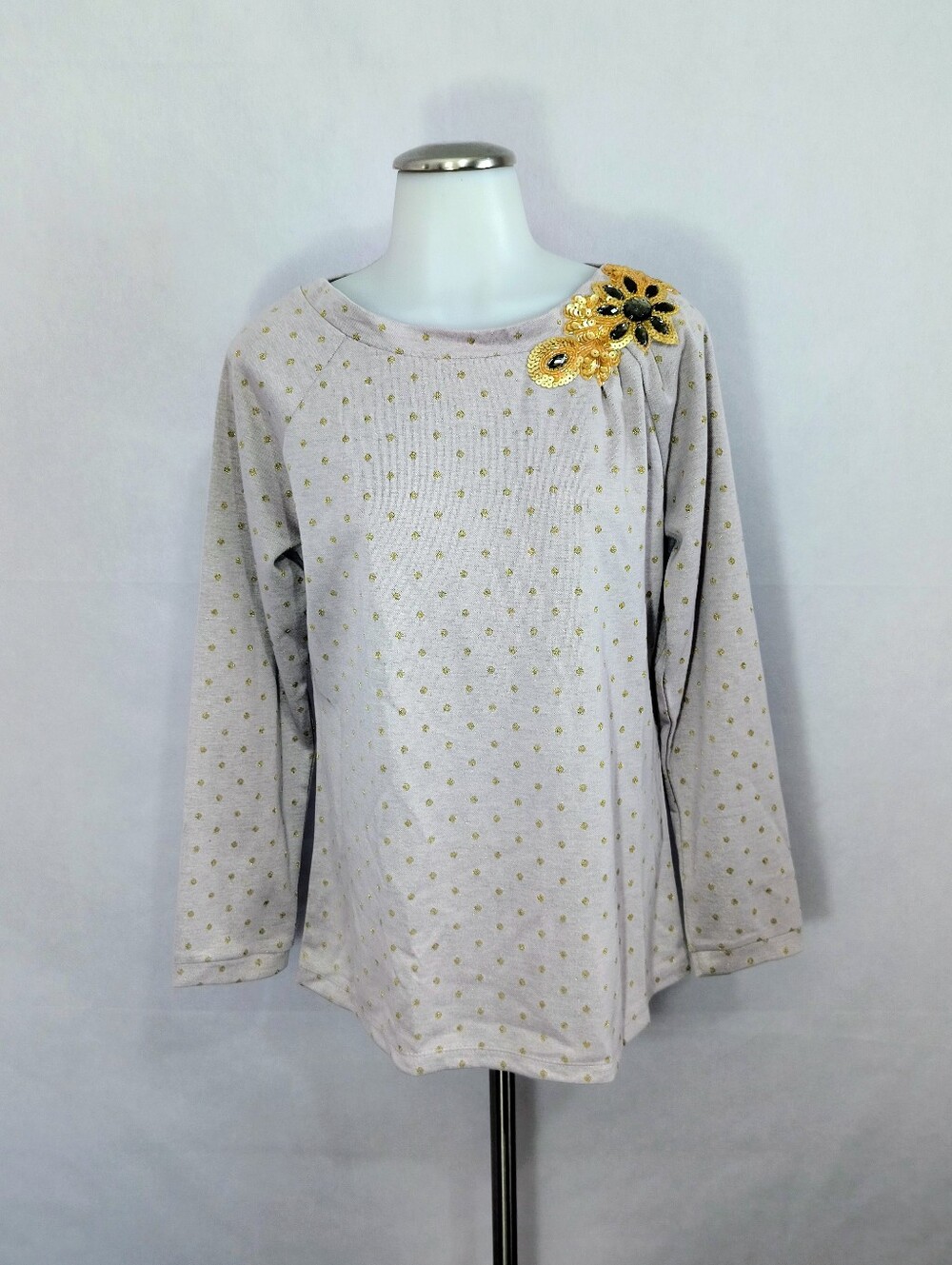 George Simonton Cream Long-Sleeve Top With Metallic Gold Polkadots